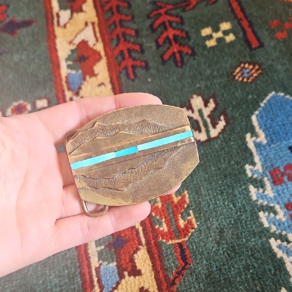 Vintage Brass Belt Buckle with Turquoise Inlay